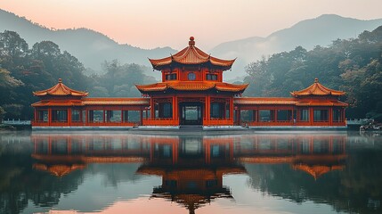 Obraz premium Serene Chinese Pavilion Lake Reflection Sunrise