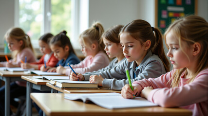 Fototapeta premium A serene classroom scene with young girls diligently studying and writing notes in their books.