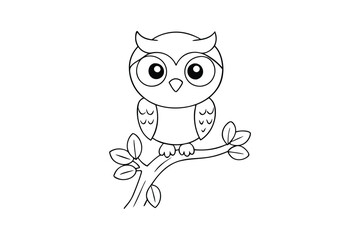 Cute kawaii cartoon character owl on the tree coloring page, vector printable worksheets for preschool