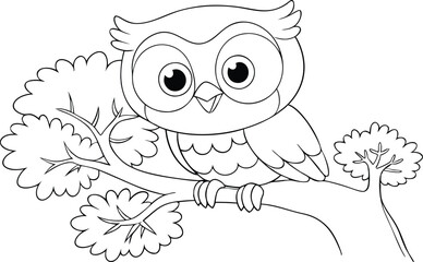 Cute kawaii cartoon character owl on the tree coloring page, vector printable worksheets for preschool