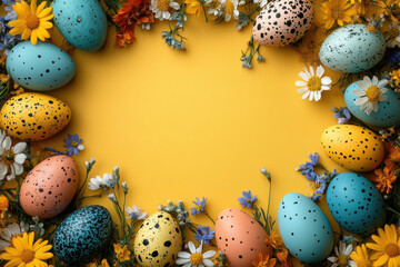 Obraz premium Hand-painted eggs in various colors are artfully arranged with bright flowers on a cheerful yellow surface, creating a lively atmosphere for spring festivities.