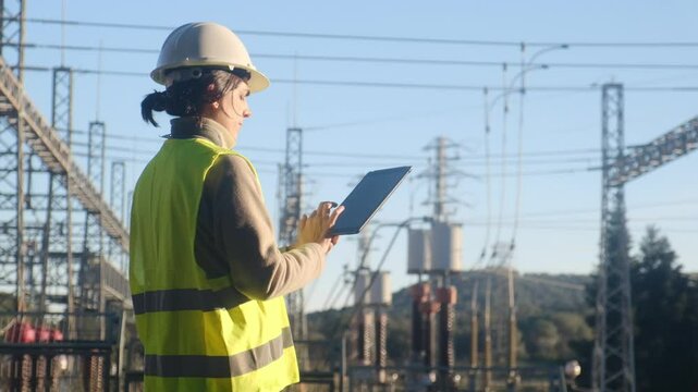 Female engineer with tablet at a power substation. Concept: electrical engineering and infrastructure. Bright, outdoor setting.