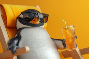 Obraz premium Penguin wearing sunglasses enjoying a refreshing iced tea while relaxing on a deck chair