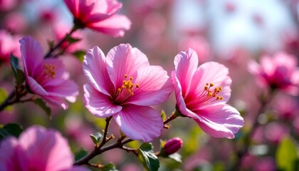 Obraz premium Photorealistic depiction of blooming pink flowers in a serene garden