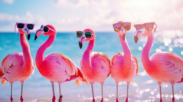 Funny flamingos with sunglasses gathered for a summer party, creating a festive and whimsical birthday or travel vibe.