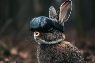 Wild rabbit experiencing virtual reality in natural environment, exploring immersive technology