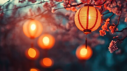 Obraz premium Glowing Lanterns and Cherry Blossoms at Dusk
