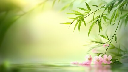 Serene bamboo and blossoms reflecting in calm water; nature spa background