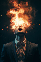 A businessman in a suit with fire emanating from his head, surreal photo with a dark background.