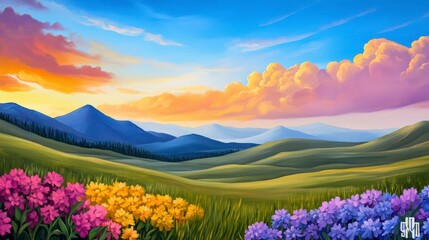Obraz premium Vibrant Landscape with Colorful Flowers and Majestic Mountains