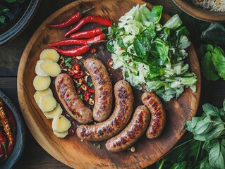 A rustic platter featuring sai krok Isan (fermented Thai sausage) served with fresh chilies, ginger slices, and raw cabbage, styled on a wooden table