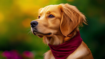 A calm golden retriever wearing a maroon bandana relaxes in the middle of a peaceful, green park. Banner. Copy space.