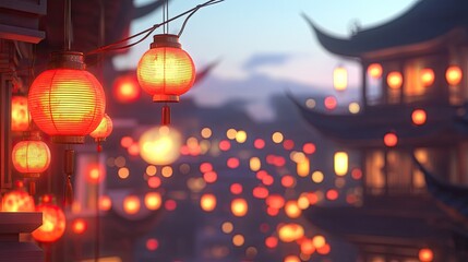 Glowing Chinese Lanterns Illuminate Festive Night Scene