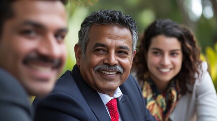 A man with a mustache and a woman with a scarf are smiling at the camera. The man is wearing a suit and tie, and the woman is wearing a scarf. Concept of warmth and happiness