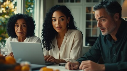 Obraz premium Three people are sitting at a table with a laptop open in front of them. The woman in the middle is typing on the laptop while the other two people look on. Scene is focused and serious