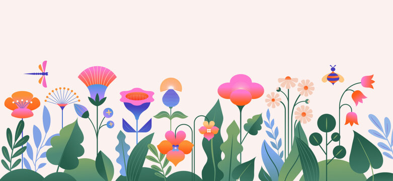 Background and banner decorated with pastel colors blooming flowers and leaves. Spring, Easter, Summer theme with dragonfly, butterfly and bee. Flat folk geometric style.