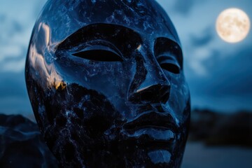 A mask carved from obsidian, polished to a high shine, under soft moonlight