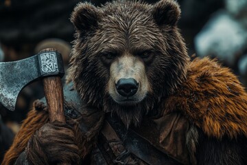 Brown bear warrior wearing furs and leather armor holds a battle axe, inspired by the viking age, in a dark forest setting