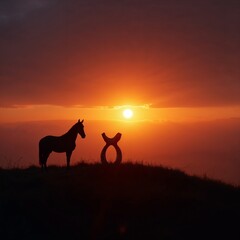 Horse Silhouette and Horseshoe at Sunset on Hilltop