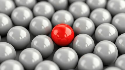 A striking red sphere stands out among a sea of gray spheres, symbolizing uniqueness and individuality in a uniform environment.