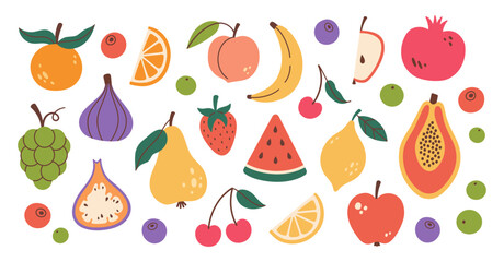 Set of different fruits and berries. Collection of organic vitamins and healthy nutrition. Isolated Watermelon, banana, peach, apple, cherry, pear, grapes, lemon. Flat design, doodle style. Vector