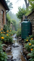 Rainwater Harvesting Tank in a Green Garden for Sustainability Blogs, Awareness Campaigns, and Eco-Friendly Design
