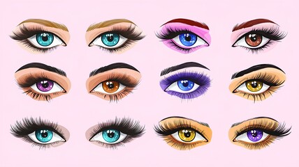 Naklejka premium beautiful female eyes with long black eyelashes and eyebrows. colorful eye makeup on white background v2. generated image : Generative AI