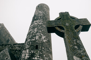 Celtic crosses at Rock of Cashel in Rainy foffy Irish Day , County Tipperary, Ireland