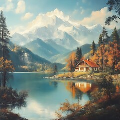 Fototapeta premium Alpine lake house autumn scenery.