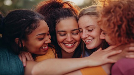 Obraz premium Scenes of solidarity showcasing women supporting each other, smiling and engaged in uplifting conversations, empowerment, friendship, and unity, perfect for themes of togetherness and Women's Day