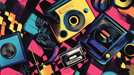 music collage set with speakers headphones audio cassette and vinyl record in y2k bright colors on dark checkered background halftone effect dotted texture magazine grunge punk