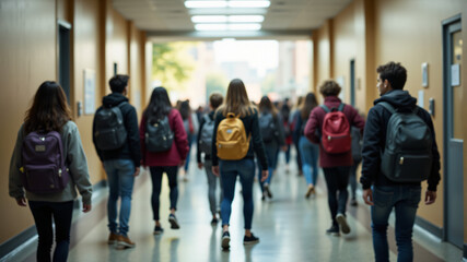 A scene depicting students walking in a hallway, showcasing diverse backpacks and casual clothing.