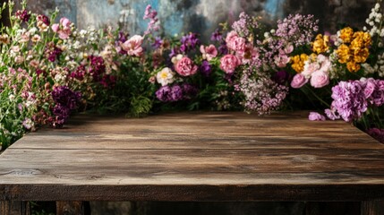 Fototapeta premium Rustic wooden table against a softly blurred backdrop of colorful spring blooms, creating a serene product display setting.