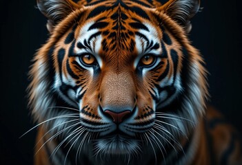 Naklejka premium A tiger's intense gaze pierces the darkness in this captivating portrait.