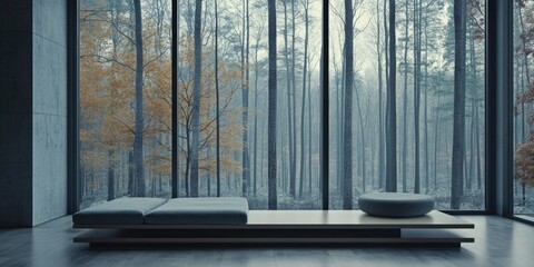 Modern Living Room with Large Window and Forest View