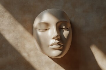 A minimalist ceramic mask with smooth curves, highlighted by dramatic shadows in a gallery