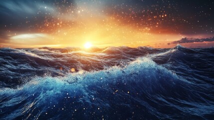 Fototapeta premium Cosmic ocean with glowing waves and particles, highly detailed, celestial and serene, dynamic and vibrant, magical and beautiful, striking and captivating atmosphere