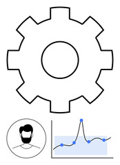 Gear symbol, user profile, and line graph with data points merge concepts of technology and analytics. Ideal for engineering, innovation, business strategy, process optimization, management