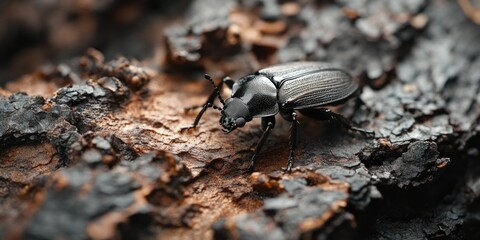 Close-up of a Black Beetle on Bark