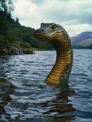Naklejka premium Fantastical Creature: Majestic Mythical Snake-Dinosaur in Lake