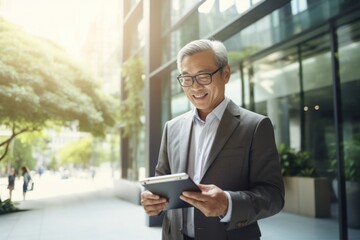 Fototapeta premium Middle age Chinese business man holding a tablet computer office adult