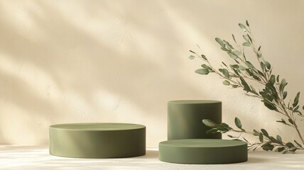 Minimalistic Display with Green Cylinders and Elegant Branch Against Textured Beige Background for Modern Interior Design Inspiration