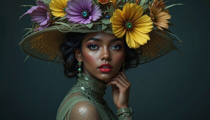 Portrait of a smiling woman in a stylish hat with flowers, wearing a summer dress and makeup, showcasing beauty and glamour © ferifadli