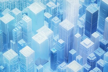 Fototapeta premium Blue technology background, isometric city buildings on top of the blue grid pattern, white and gray buildings, frosted glass material, high-tech feel, vector illustration style, geometric shapes, fut