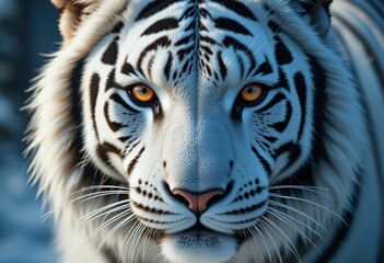 Naklejka premium Majestic white tiger in a snowy landscape, a rare and beautiful sight.