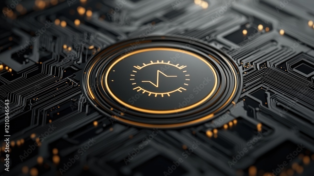 Poster a sleek, modern circuit board with a central pulse icon, showcasing intricate pathways and golden ac
