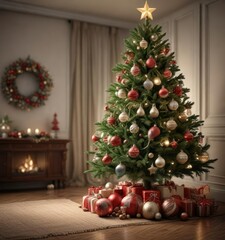 beautifully decorated Christmas tree with ornaments, twinkling lights, colorful ornaments