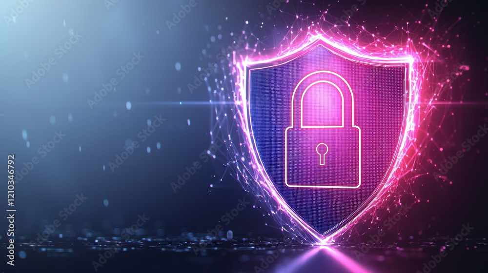 Poster a glowing shield with a padlock symbolizes digital security and protection against cyber threats in 