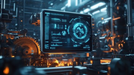 Futuristic control panel featuring intricate data visualizations and performance metrics, monitoring and managing complex machinery in an advanced industrial setting