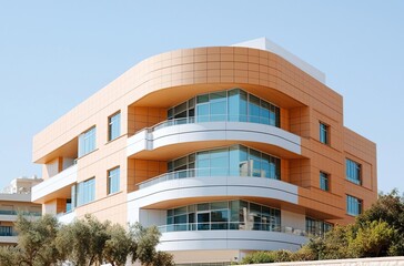 Obraz premium walls of a modern building against a blue sky , isolated on white background, , copy space for text,